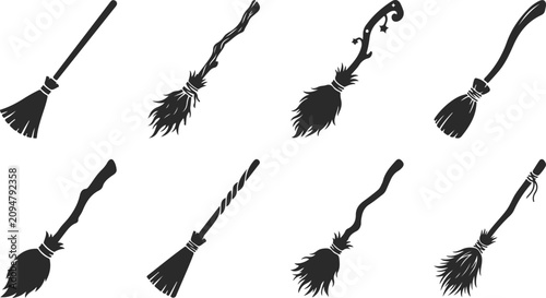 Foto Collection of various black broom silhouettes isolated on white background for h
