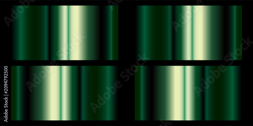 Green metallic gradients over black abstract background with reflective emerald panels, horizontal bands, glossy gradation and geometric symmetry, cool modern mood, subtle neon glow and deep contrast