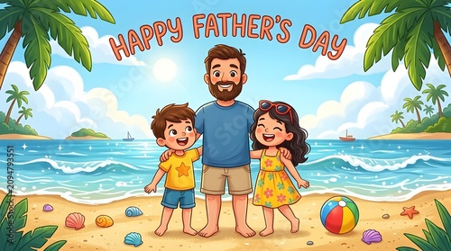 Father holding hands kids beach father day
