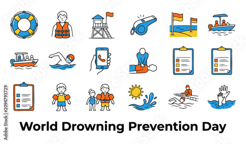 World Drowning Prevention Day Vector Icons Set. Water Safety Symbols Collection.