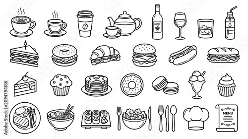 Hand-drawn Food and Drink Icons: Coffee, Fast Food, Desserts, and More