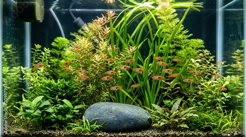 Aquascape planted aquarium with small fish