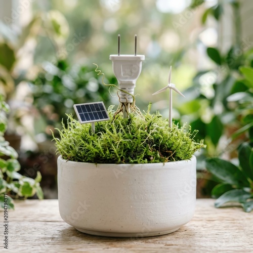 Sustainable Energy Concept with Power Plug Solar Panel and Wind Turbine in Moss Pot for ESG Corporate Growth and Green Technology Innovation Solutions