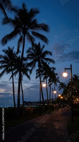 Tropical Resort Promenade at Twilight with Silhouetted Palm Trees and Lit Street Lamps, Social Media Ad Vertical Story with Copy Space for Travel Branding