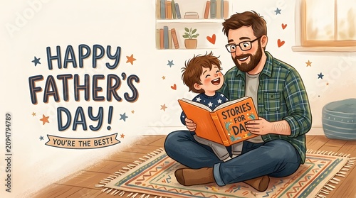 Father reading storybook to child illustration