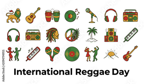 Colorful Reggae Music and Culture Icons Collection for International Reggae Day