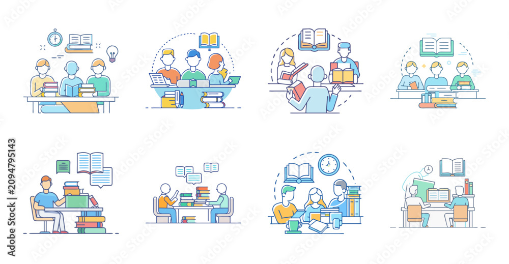 Fototapeta premium Flat design icons showing diverse people working together - Colorful flat icons depicting teamwork with diverse professionals collaborating on digital devices and communication tools.