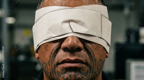 Hombre con tatuajes faciales y ojos vendados por papel blanco