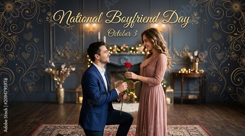 Happy couple celebrating national boyfriend day with a red rose in elegant room setting