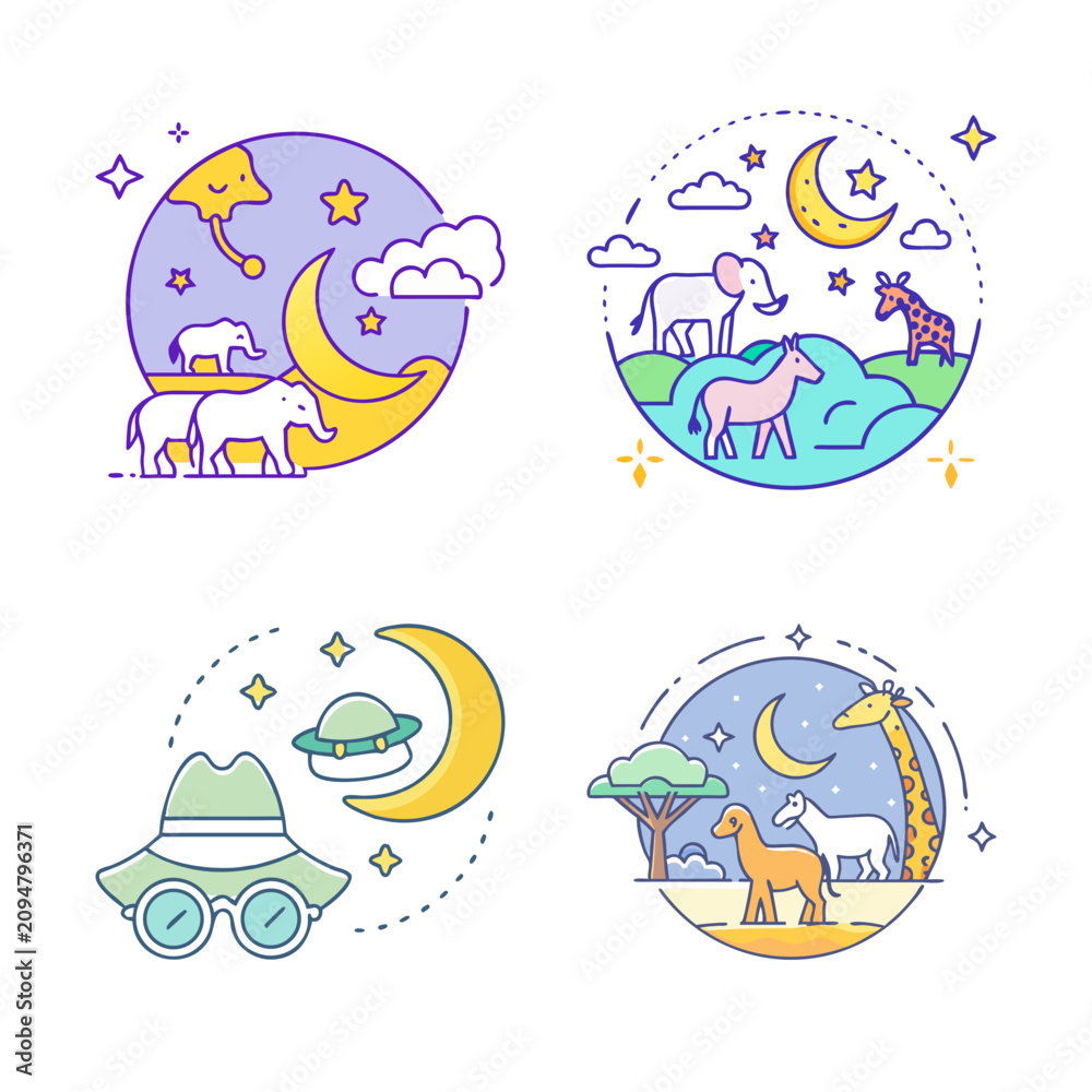 Naklejka premium Colorful dreamy space and moon vector icons set - Bright and cheerful vector icons showing dreamy space, planets, rockets, and moons in a fun and playful style.