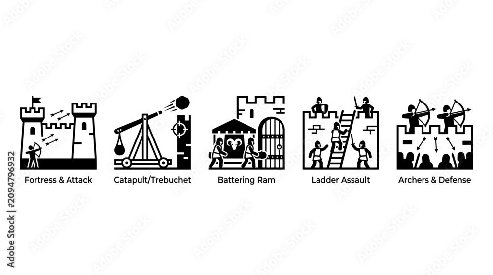 Obraz premium Medieval Castle Siege and Fortress Defense Icon Set
