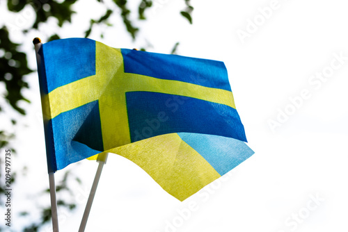 Canvas Print Blue and yellow Swedish flag fluttering gracefully against a bright sky and leaf