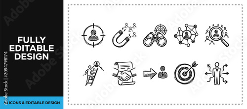 Black ink scribble target marketing and business vision icon set bundle featuring hand drawn doodle sketch vector illustrations for startup success and corporate strategy art.