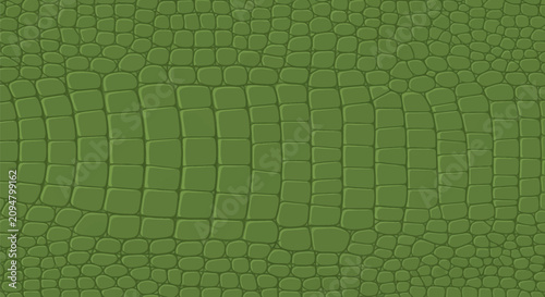 Seamless olive green alligator skin texture featuring a detailed repetitive pattern of crocodile scales and reptile hide. Flat vector illustration of exotic leather surface.