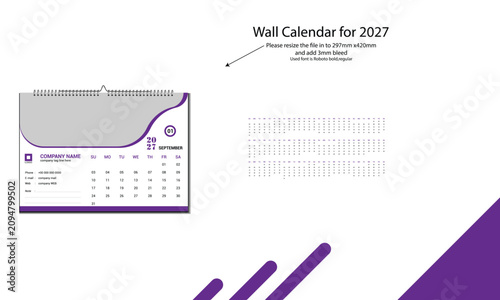 Modern desk calendar for 2027