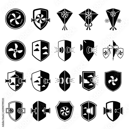Shield Icons with Fans and Kites - Protection, Airflow, Wind Concept