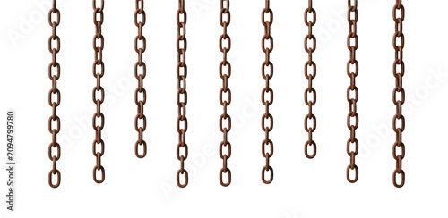 Rusty metal chains hanging vertically, isolated on transparent background, png