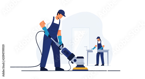 Professional male cleaner in blue overalls operating an electric floor polisher machine while female worker wipes surfaces in background, flat vector illustration on white backdrop.