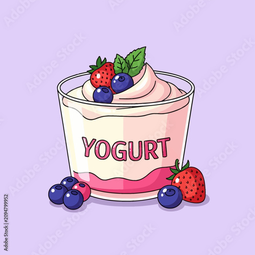 Vector illustration of a layered strawberry yogurt cup in a clear glass with the word yogurt, topped with fresh blueberries, strawberries, and mint leaves on a purple background.
