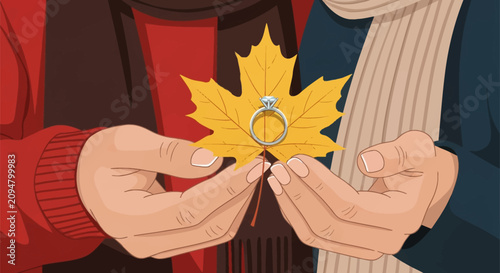 Vector illustration of a man and woman's hands cupped together holding a yellow maple leaf with a diamond engagement ring, wearing warm autumn sweaters and scarves.