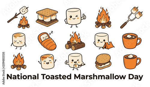 Cute Cartoon Marshmallow and S'mores Camping Illustration Set for National Toasted Marshmallow Day