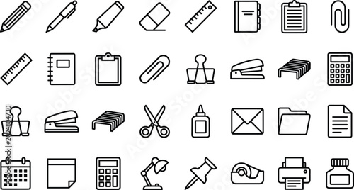  Office supplies line icon set vector school stationery workspace elements for productivity app UI