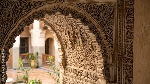 Ornate Archway Carvings with Moroccan Courtyard View