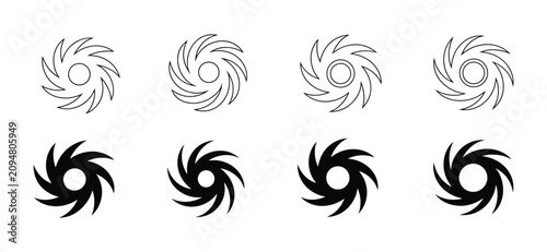 Photos Hurricane Symbol Set: A collection of hurricane symbols in outline and solid black styles, representing meteorological events