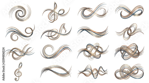 Elegant abstract wave line set, 16 decorative swirl and flourish vector elements, flowing smoke curves and musical treble clef symbols for luxury branding