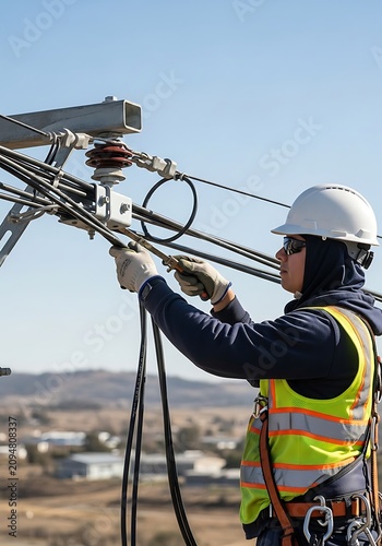 An electrical lineman wearing a white hard hat, safety glasses, and visibility vest working on voltage power lines against a blue sky