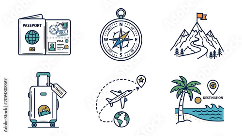Fotografie Travel Icons: Passport, Compass, Mountain, Suitcase, Airplane, Beach Destination