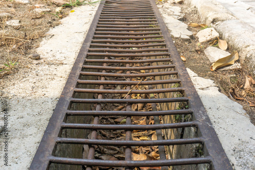 Foto A metal drainage grate covers a narrow ditch lined with dried leaves