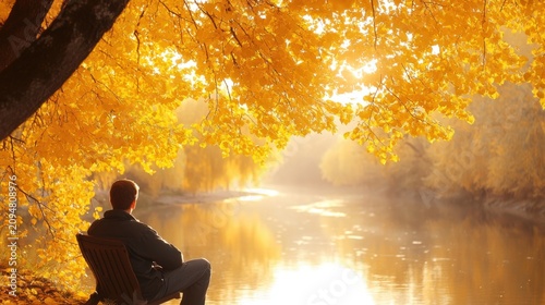 A person sits on a bench by a calm river under golden autumn leaves, bathed in warm sunlight.