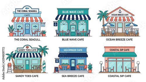 Принти на полотні Collection of Cute Coastal Cafes and Restaurants, Beachfront Establishments