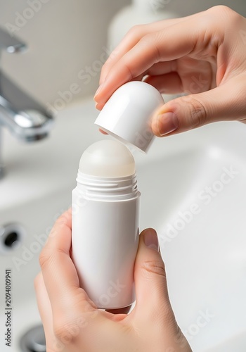 Close up of hands holding a white roll on deodorant bottle, removing the cap to apply personal hygiene product in a bathroom setting