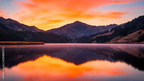 A serene lake reflects vibrant orange and pink hues of a sunset, framed by silhouetted mountains under a colorful sky.