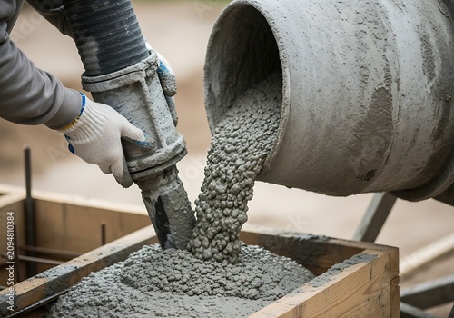 Construction worker pouring wet concrete from a heavy industrial mixer truck into a wooden formwork frame at a building site during the day