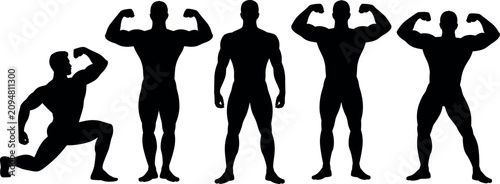 Tableau sur toile Black silhouettes of five muscular male bodybuilders in various flexing poses showing strong biceps and athletic gym fitness vector illustration