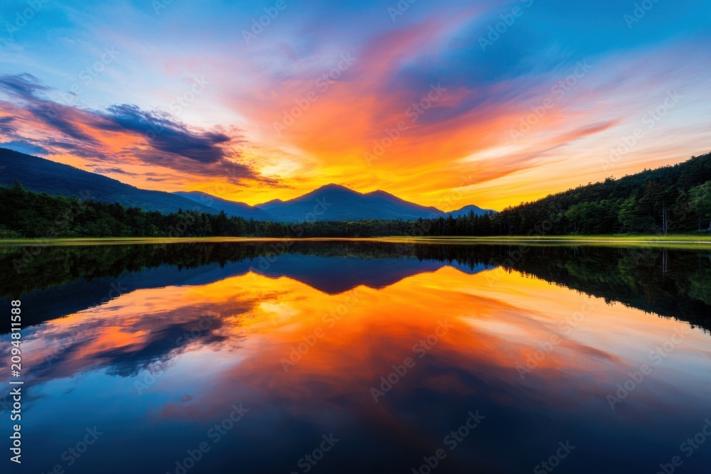 Fototapeta premium A vibrant sunset paints the sky with orange, pink, and blue hues over a calm lake, reflecting the serene mountains and forest in the background.