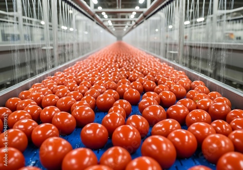 Large quantity of fresh red tomatoes moving along a conveyor belt in an automated food processing factory for sorting and packaging production