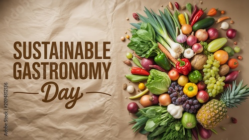 Fresh fruits and vegetables arranged on brown paper background with sustainable gastronomy day text promoting eco friendly eating