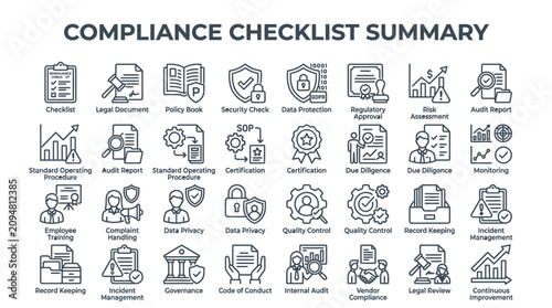 Compliance Checklist Icons - Business, Legal, Security, Audit, Risk Management