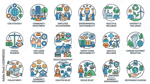Corporate Social Responsibility Icons: ESG, Sustainability, Ethics, Community, Diversity