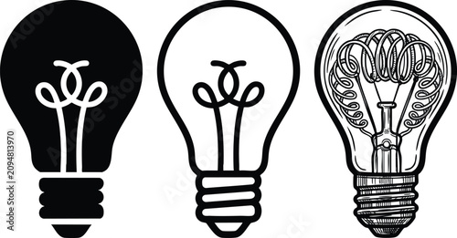 Diverse light bulb illustrations depicting innovation electricity and creative thought icons for various design projects