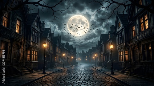 Eerie victorian street at night under a full moon with glowing windows and cobblestone road