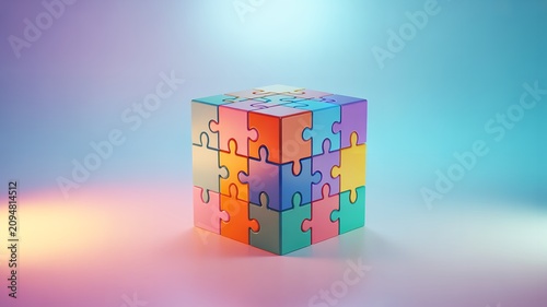 Colorful jigsaw puzzle cube with interlocking pieces against gradient background symbolizing problem solving complexity and connection