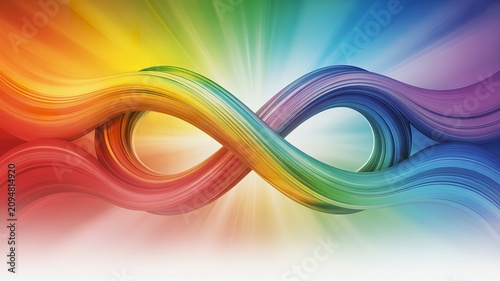 Colorful infinity ribbon symbol with radiant light beams representing endless possibilities continuity unity and creative energy