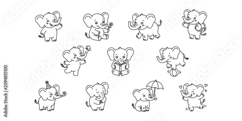 Canvas Print Set of cute baby elephants in different poses isolated on white background