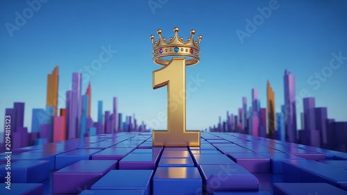Golden number one with crown on reflective surface against colorful abstract background symbolizing victory success and leadership