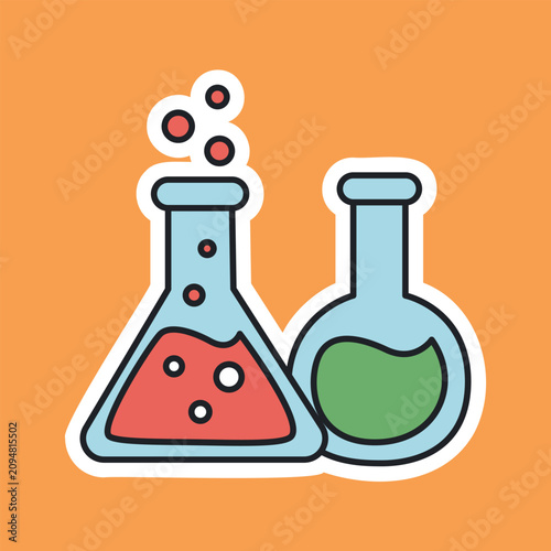 Chemistry Laboratory Flasks Cartoon Sticker Vector
